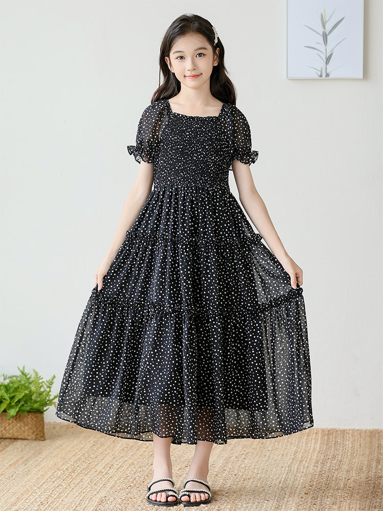 Children's Puff Sleeve Smocking Floral Little Polka Children's Dress