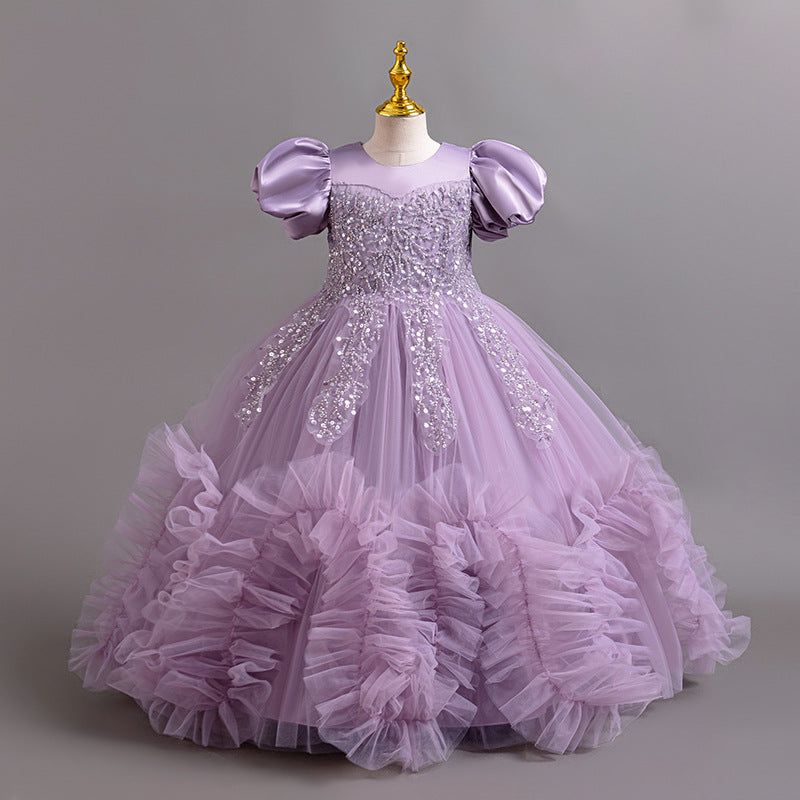 Princess Mesh Bubble Skirt Handmade Beaded Wooden Ear Sleeve Host Children's Dress