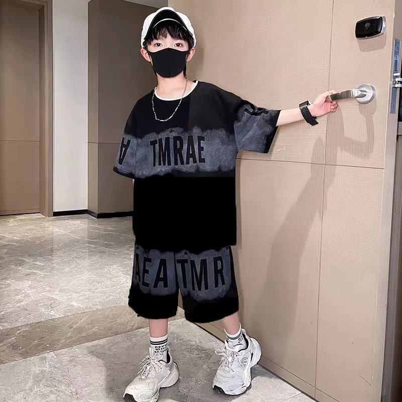 Children's Letter Printing Loose Leisure Teen Boys Short-sleeved Shorts Two-piece Children's Suit