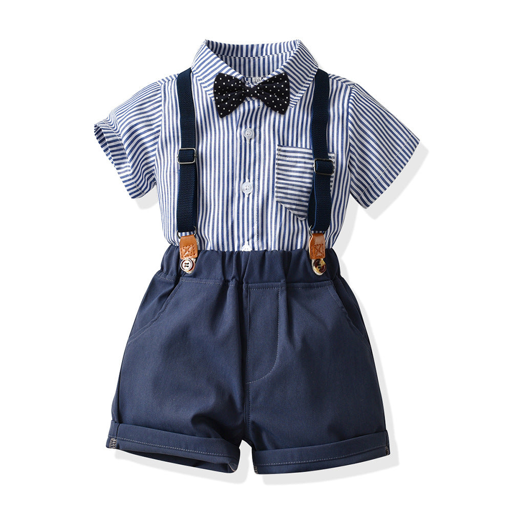 Children's Style Korean Summer Striped Lapel Short Sleeve Cotton Cardigan Suspender Children's Suit