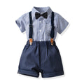 Children's Style Korean Summer Striped Lapel Short Sleeve Cotton Cardigan Suspender Children's Suit
