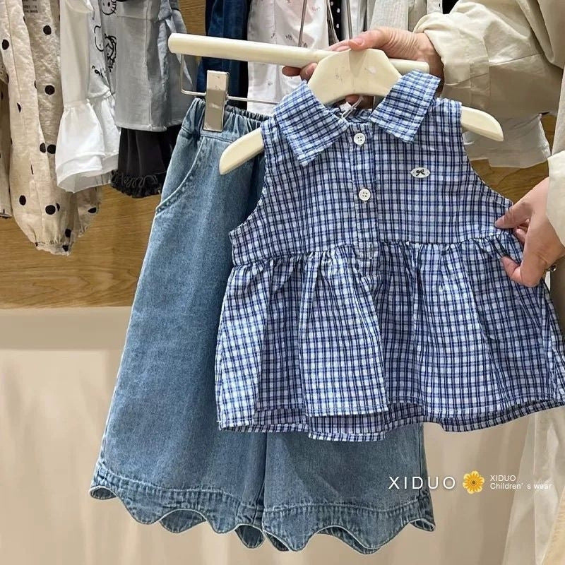 Children's Plaid Vest Versatile Thin Jeans Korean Children's Suit