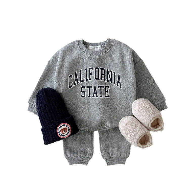 Children's Clothing Boys Suits Lettered Casual Brushed Hoody Warm Children's Suit