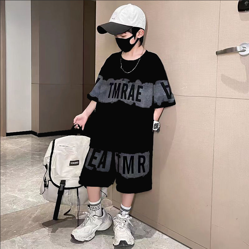 Children's Letter Printing Loose Leisure Teen Boys Short-sleeved Shorts Two-piece Children's Suit