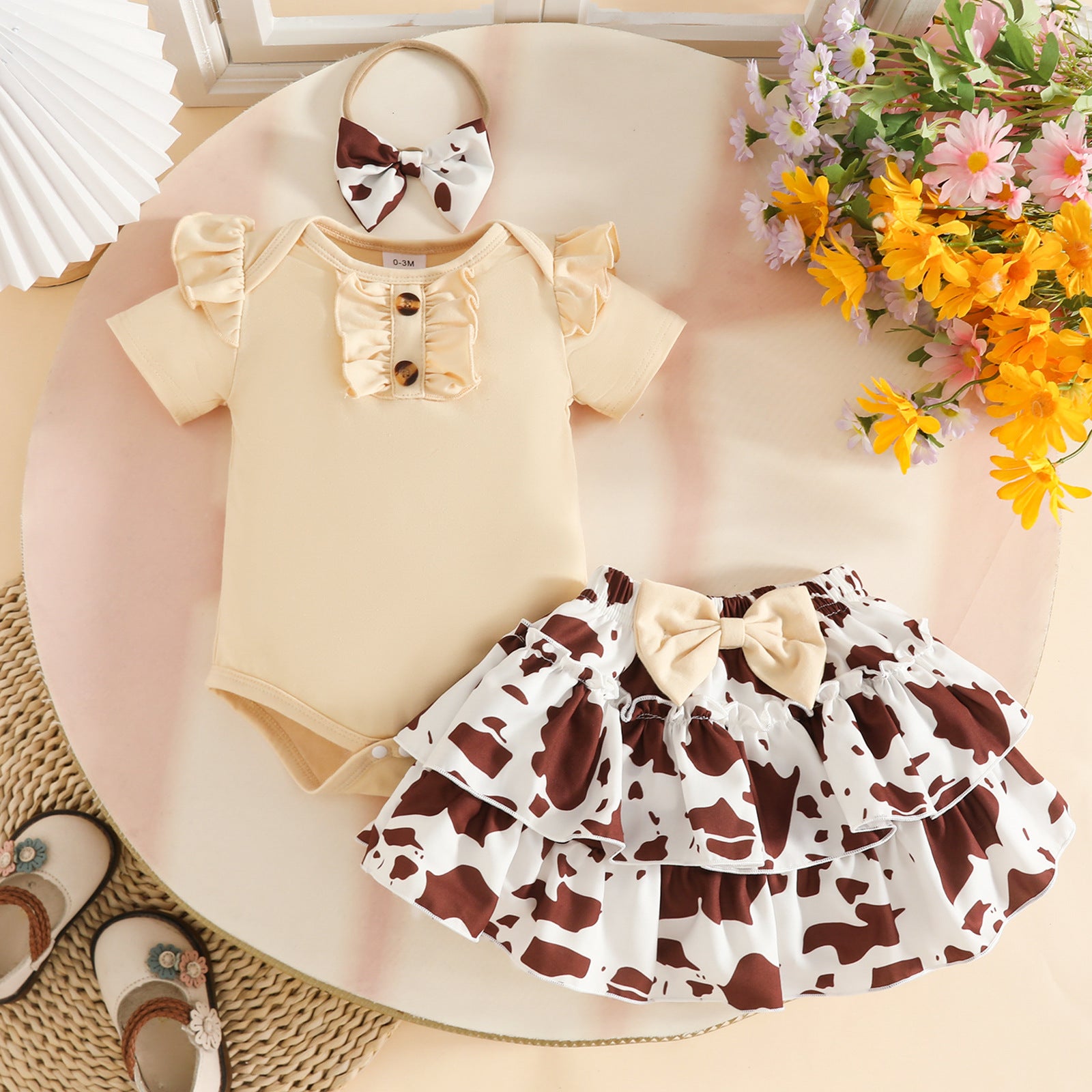 Floral Pattern Skirt Short Sleeve Top Double Layer Children's Suit