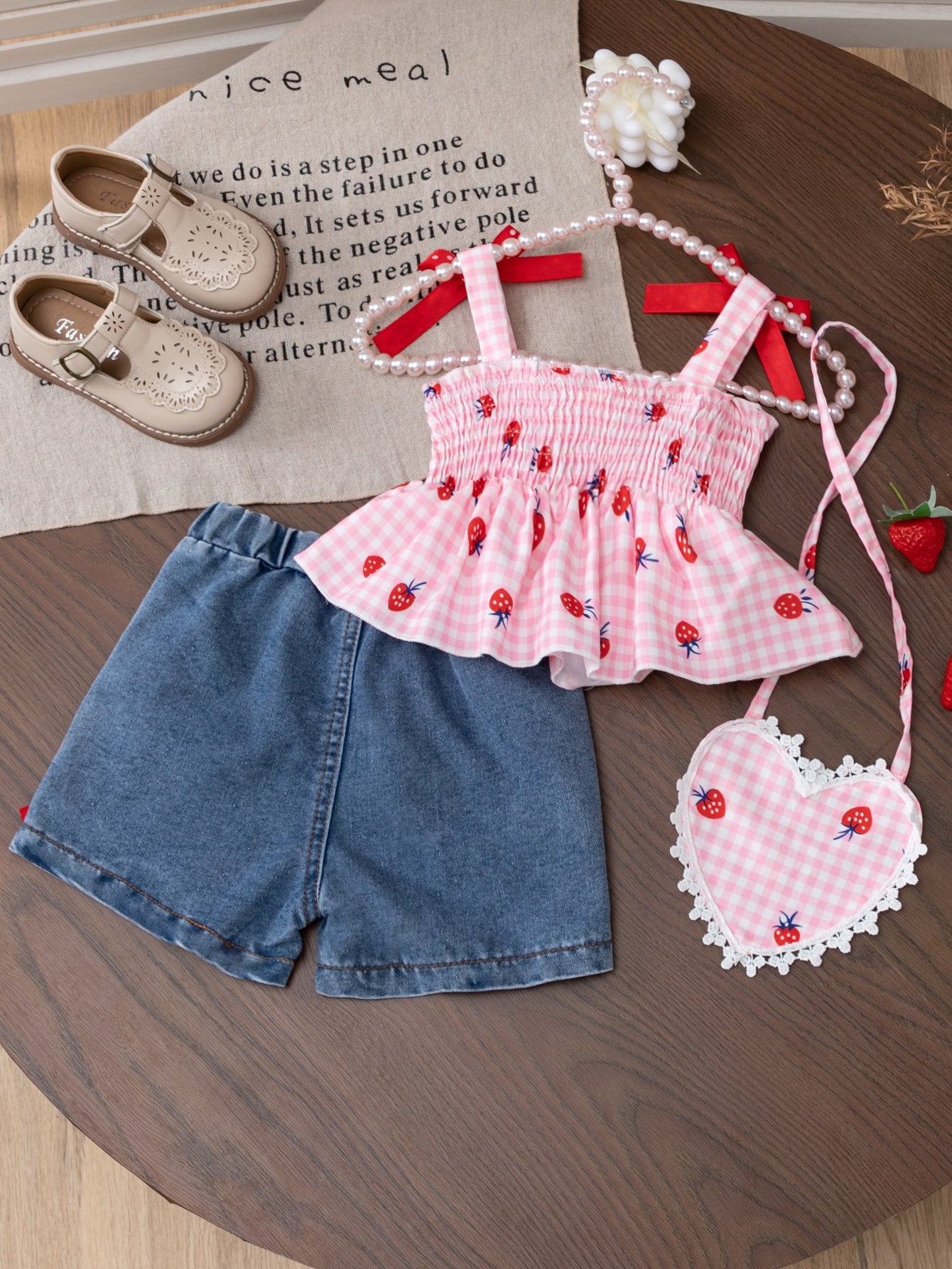 Cute Suspenders Strawberry Top Jeans Two-piece Children's Suit