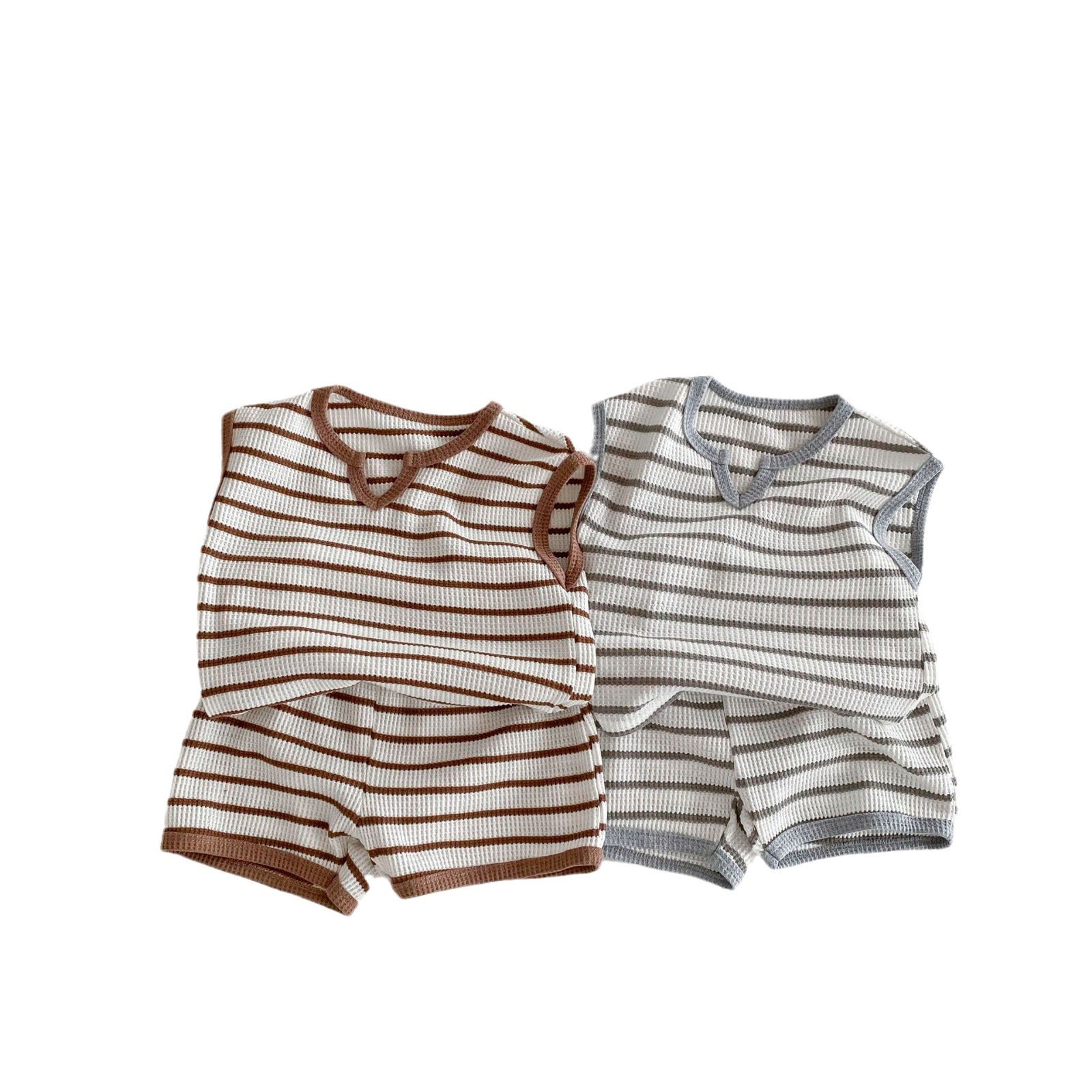 Korean Striped Contrast Color Retro Sleeveless T-shirt Shorts Home Children's Suit