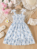 Casual Flower Print Smocking Bow Ruffled Children's Dress