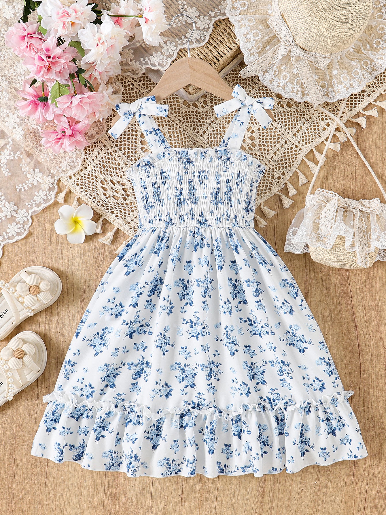Casual Flower Print Smocking Bow Ruffled Children's Dress