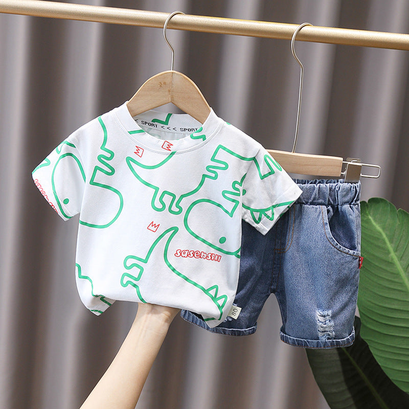 Children's Style Full Printed Dinosaur Crew Neck T-shirt Children's Suit