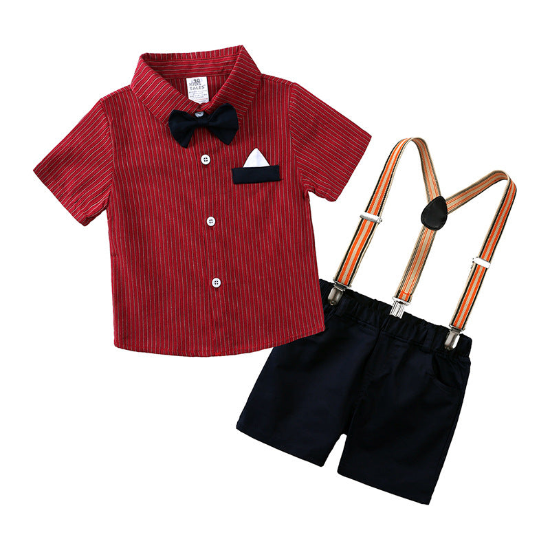 Gentleman Shirt Boy's Striped Short Sleeve Bow Tie Suspender Pants Children's Suit