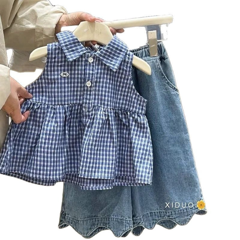 Children's Plaid Vest Versatile Thin Jeans Korean Children's Suit