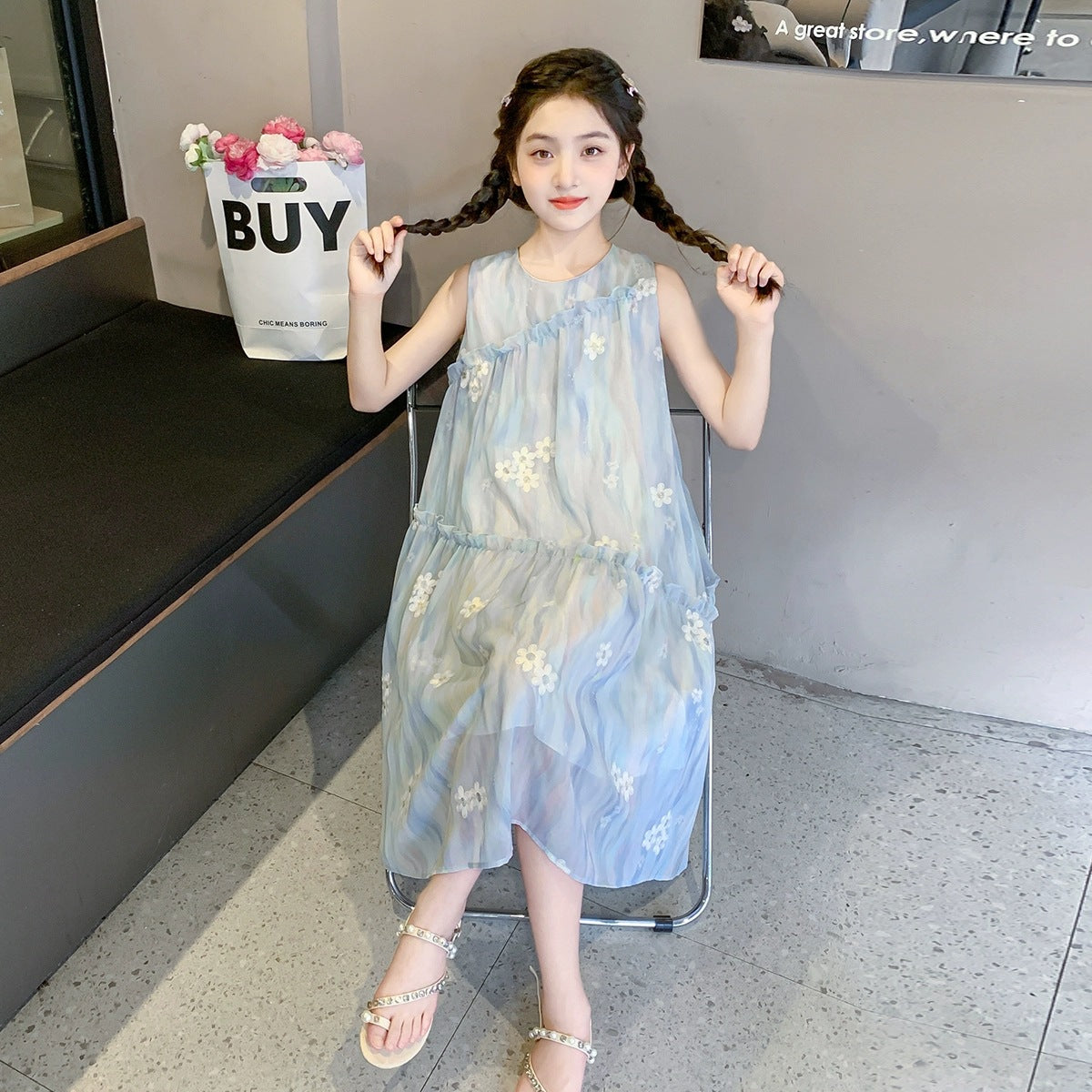 Summer Fashionable Medium Large Chiffon Vest Children's Dress
