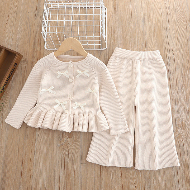 Children's Classic Style Knitted Cardigan Pants Two-piece Children's Suit