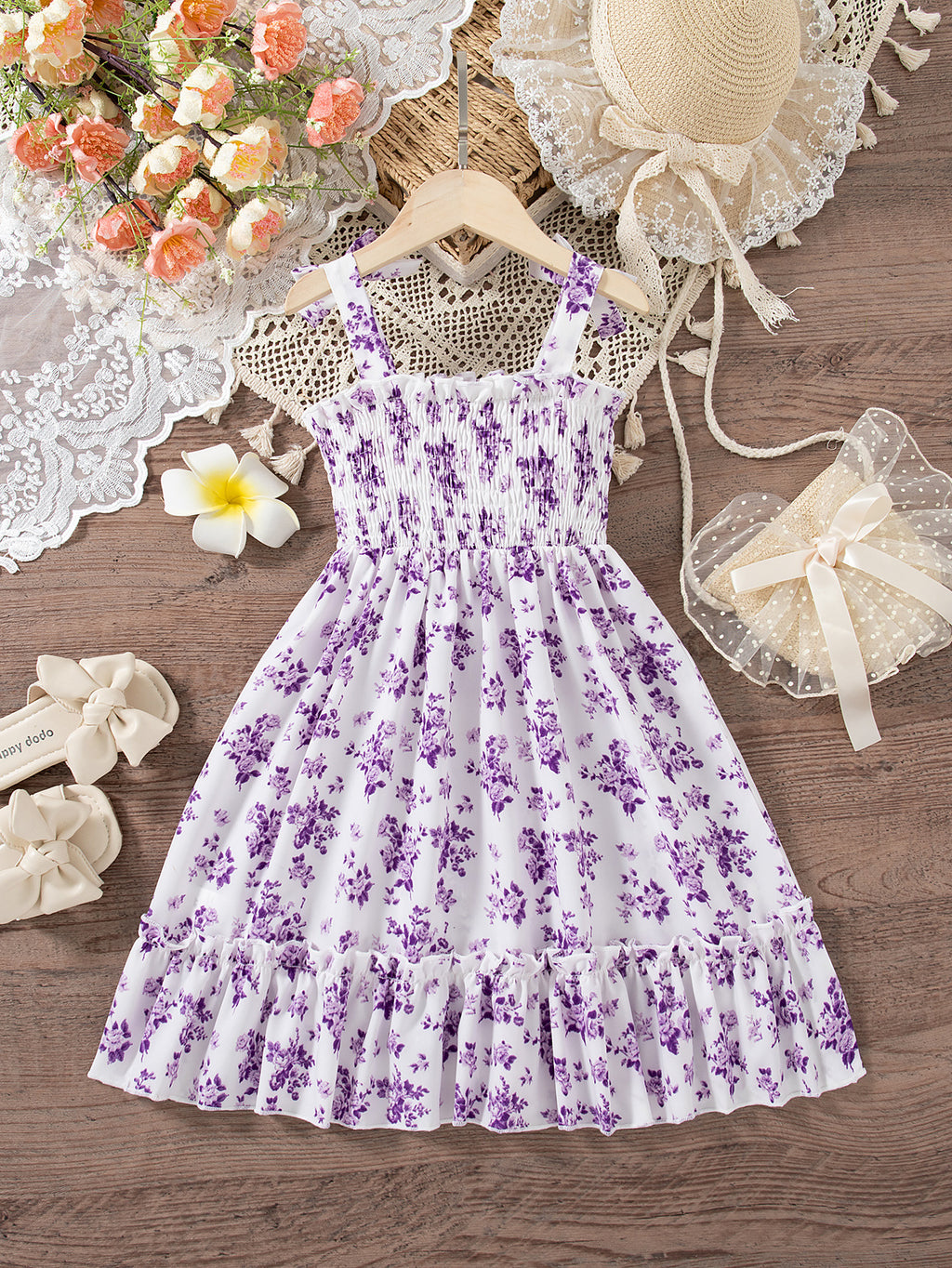 Casual Flower Print Smocking Bow Ruffled Children's Dress