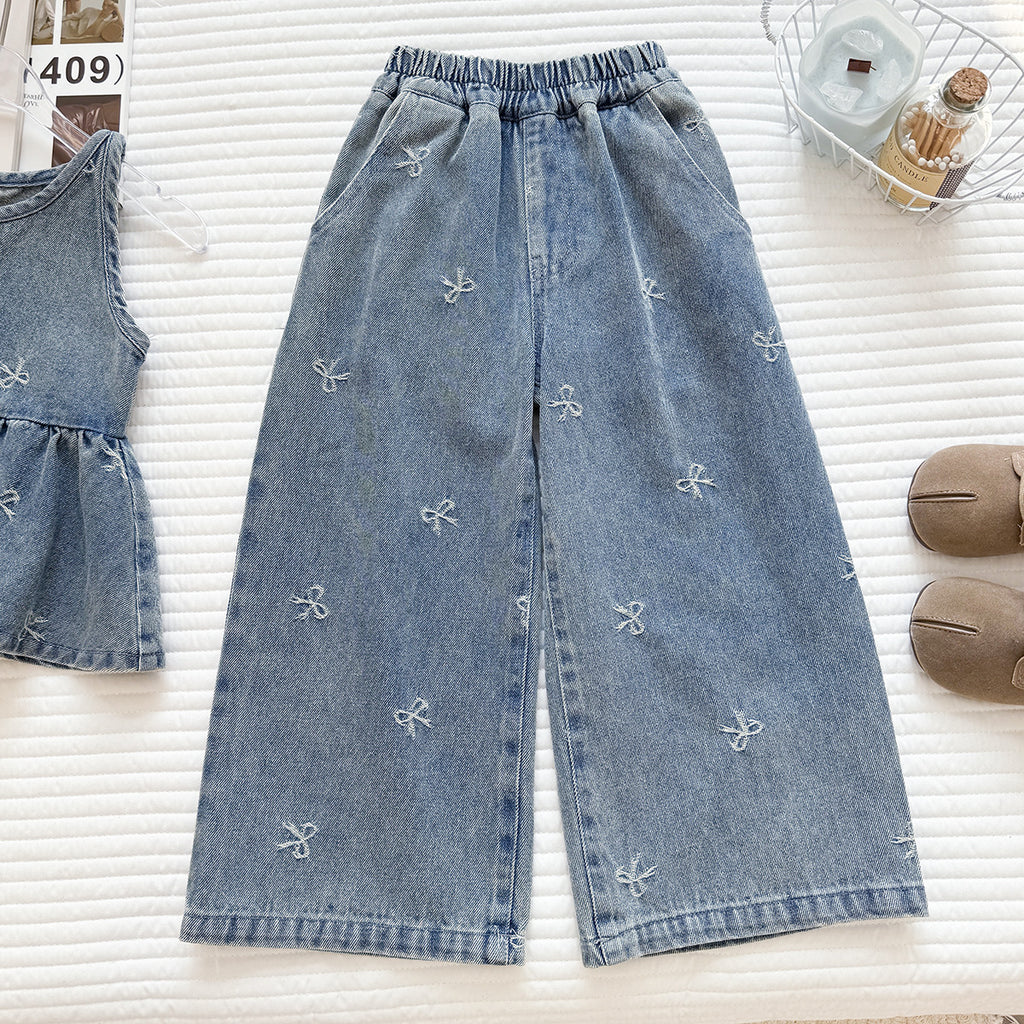 Summer Korean Style Denim Skirt Trousers Two-piece Washed Children's Suit