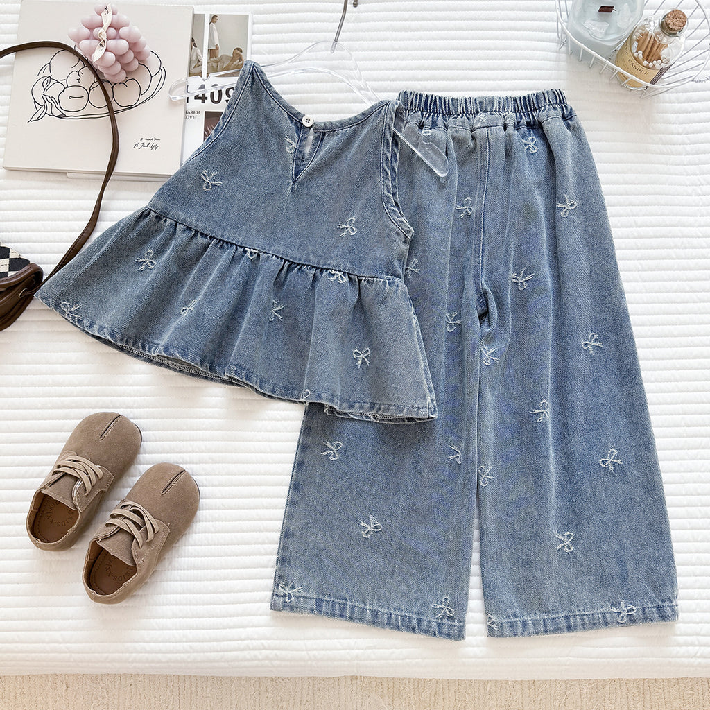 Summer Korean Style Denim Skirt Trousers Two-piece Washed Children's Suit
