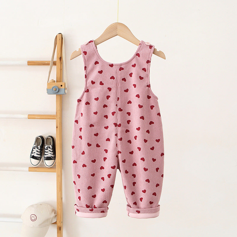 Children's Korean Style Suspender Heart Printing Corduroy Children's Pants