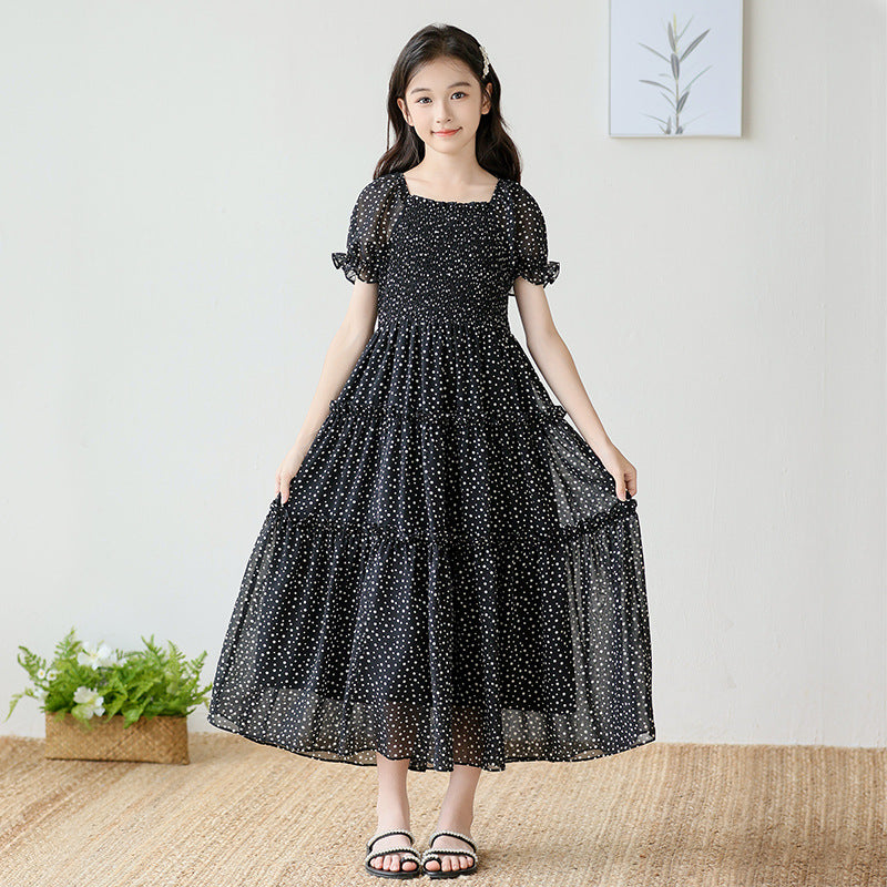Children's Puff Sleeve Smocking Floral Little Polka Children's Dress