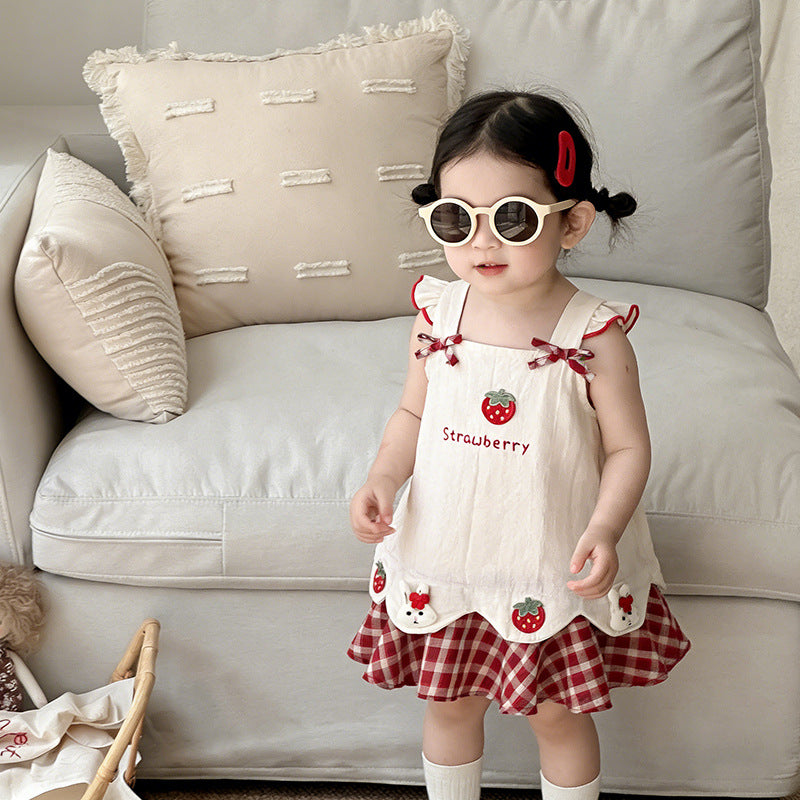 Flounced Sleeve Summer Plaid Stitching Princess Children's Dress