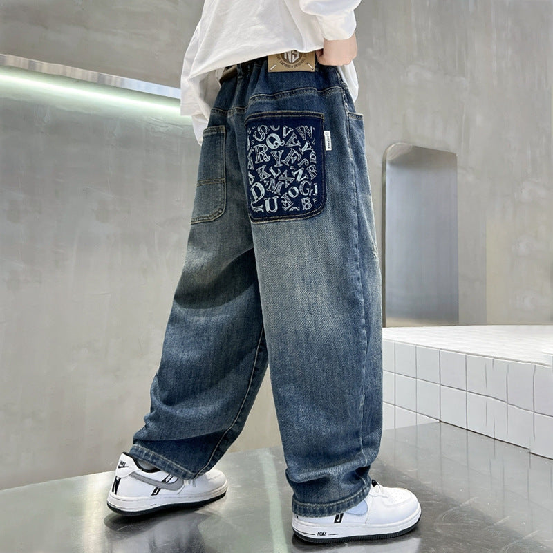 Children's Boys Autumn Clothing Jeans Western Style Medium Big Casual Loose Children's Pants