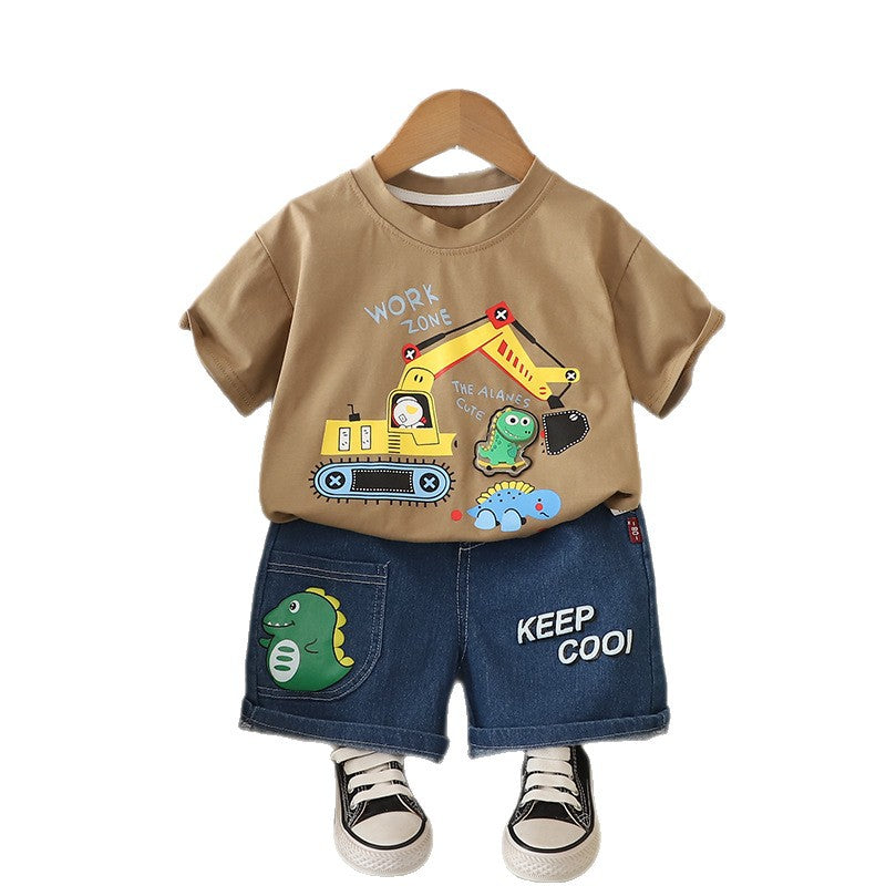 Children's Summer Short Sleeve Excavator Dinosaur T-shirt Clothing Handsome Korean Style Children's Suit
