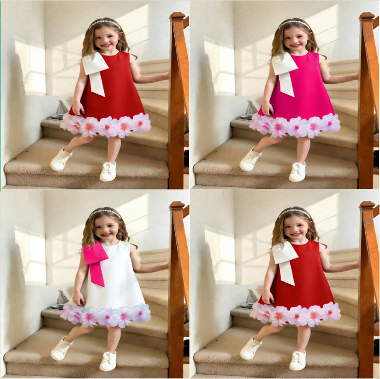 Solid Color Sleeveless Three-dimensional Flower Skirt Bow Children's Dress