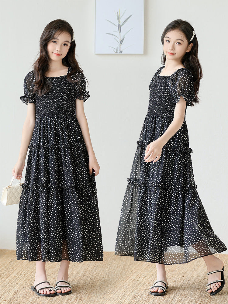 Children's Puff Sleeve Smocking Floral Little Polka Children's Dress