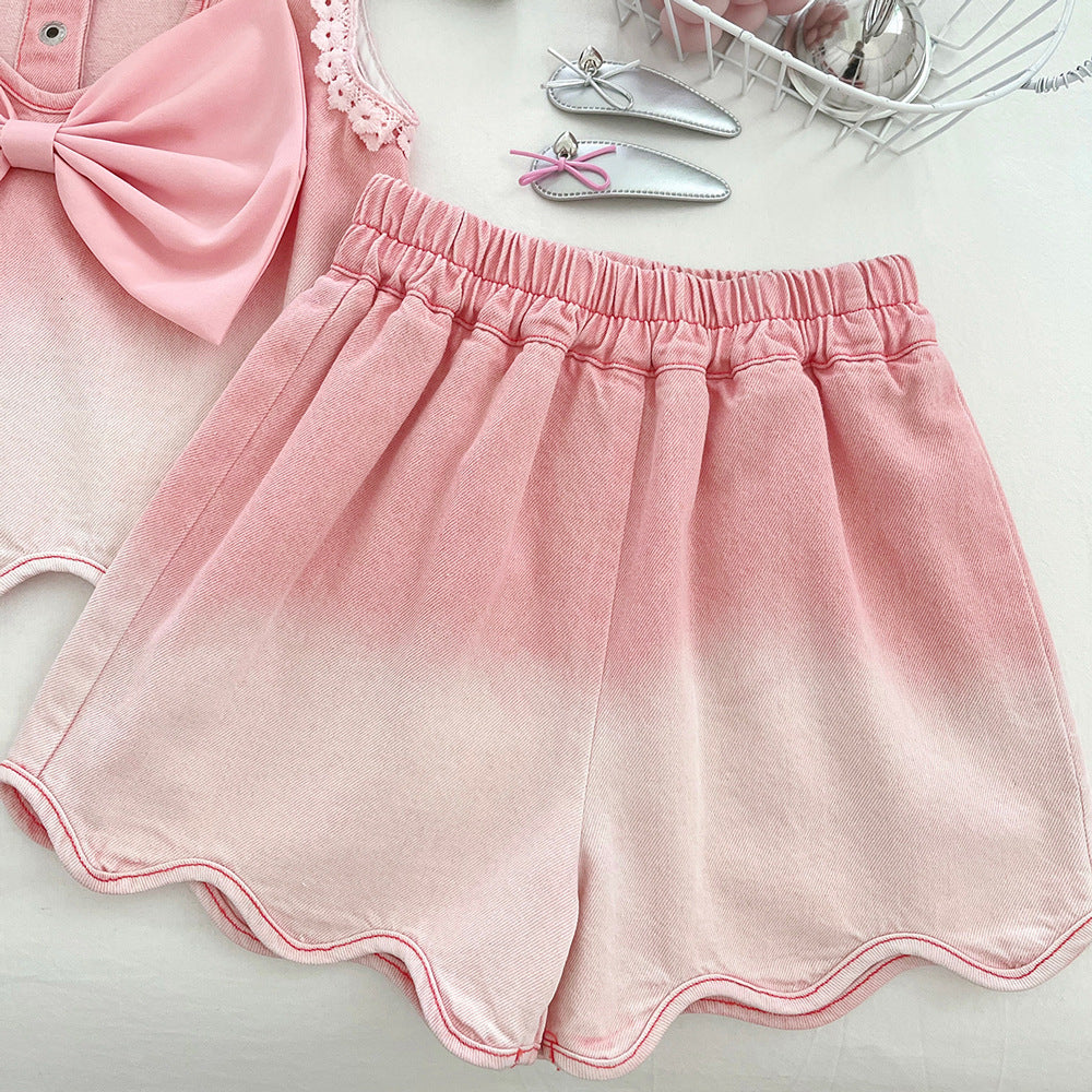 Princess Style Denim Lace Western Sleeveless Shorts Two-piece Children's Suit