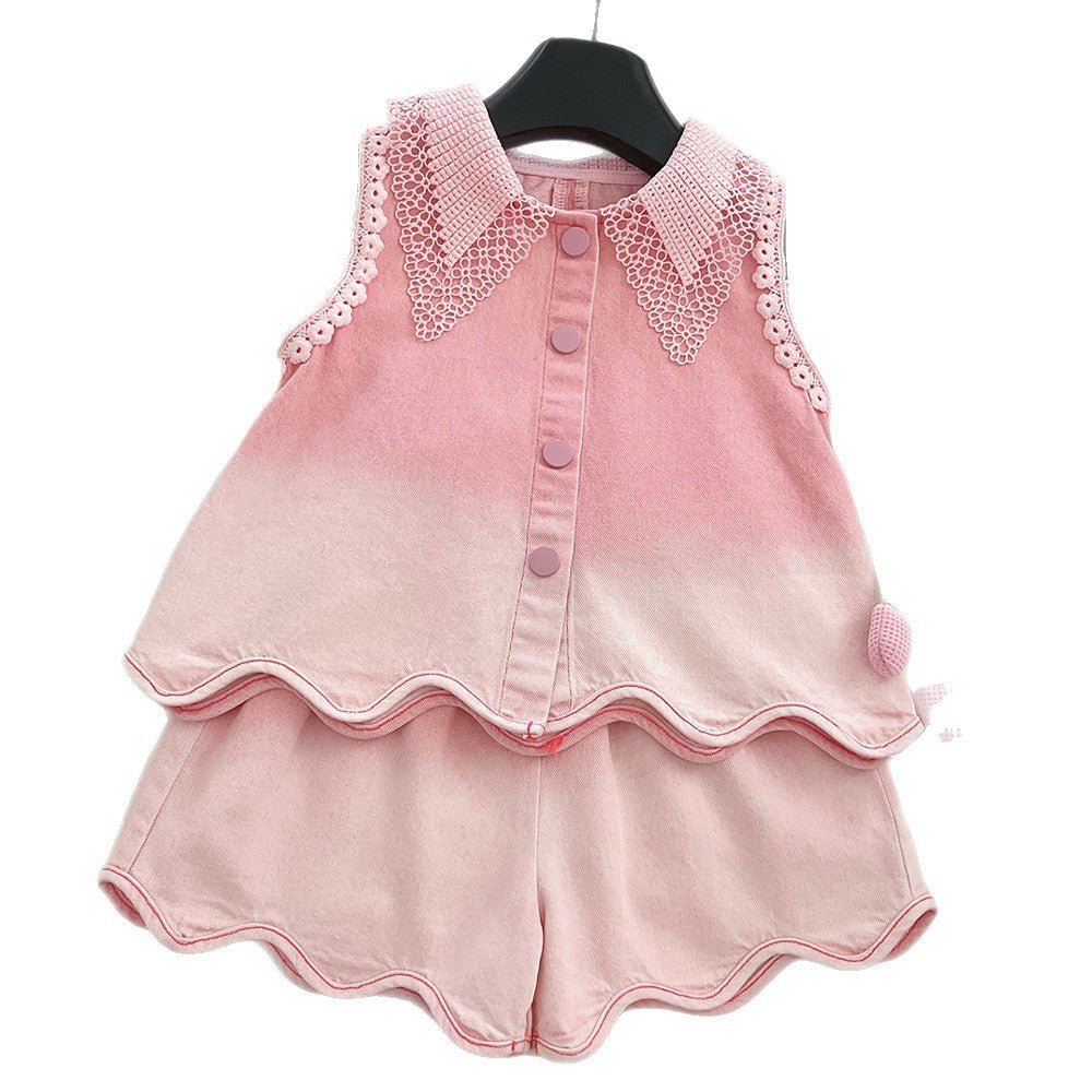 Princess Style Denim Lace Western Sleeveless Shorts Two-piece Children's Suit