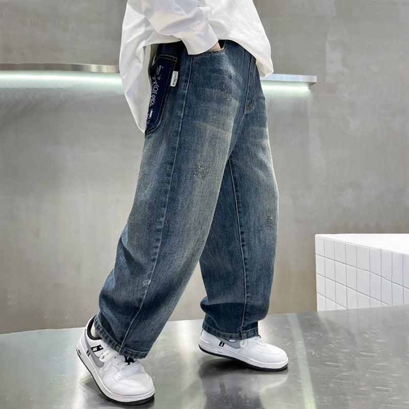 Children's Boys Autumn Clothing Jeans Western Style Medium Big Casual Loose Children's Pants