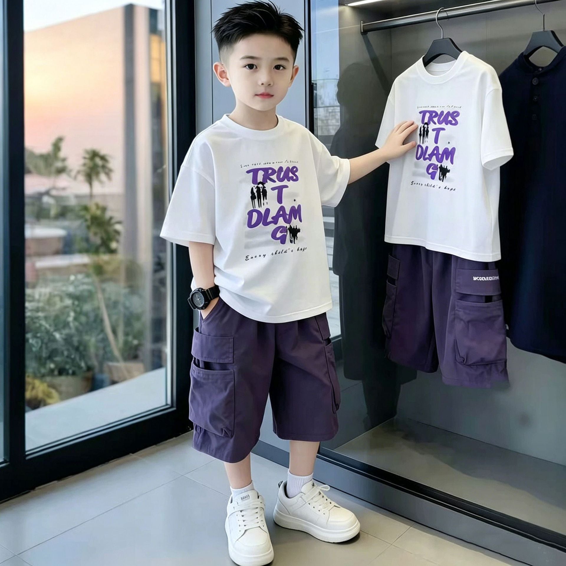 Short-sleeved Summer Middle Big Sports Leisure Trendy Fried Street Children's Suit