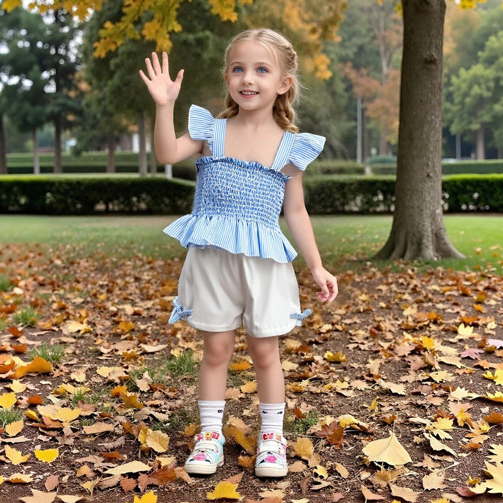 Children's Smocking Top Solid Color Shorts Three-piece Children's Suit