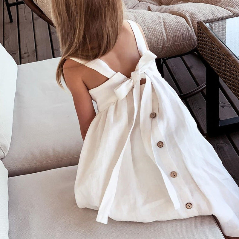 Linen Summer Suspender Sleeveless Backless Bow Western Style Halter Children's Dress