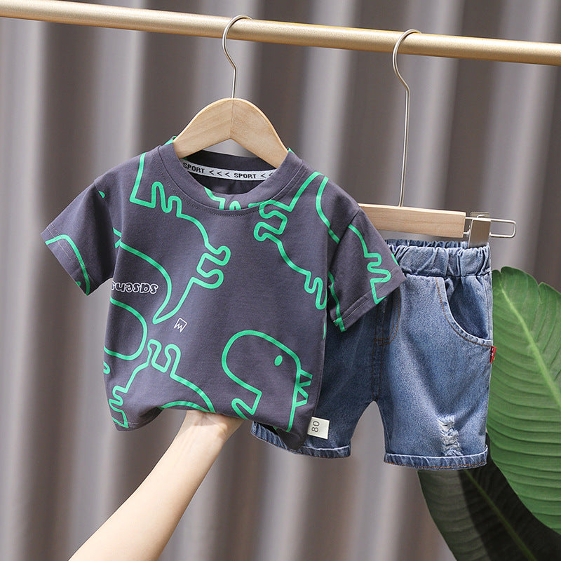 Children's Style Full Printed Dinosaur Crew Neck T-shirt Children's Suit