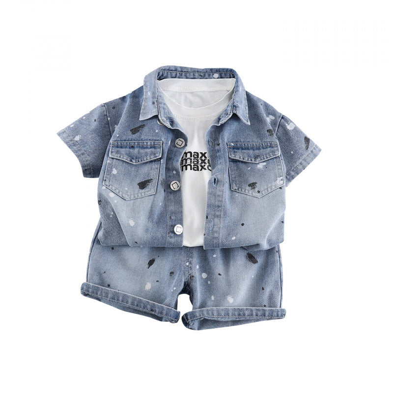 Children's Summer Western Style Denim Short Sleeve Three-piece Set Handsome Clothes Children's Suit