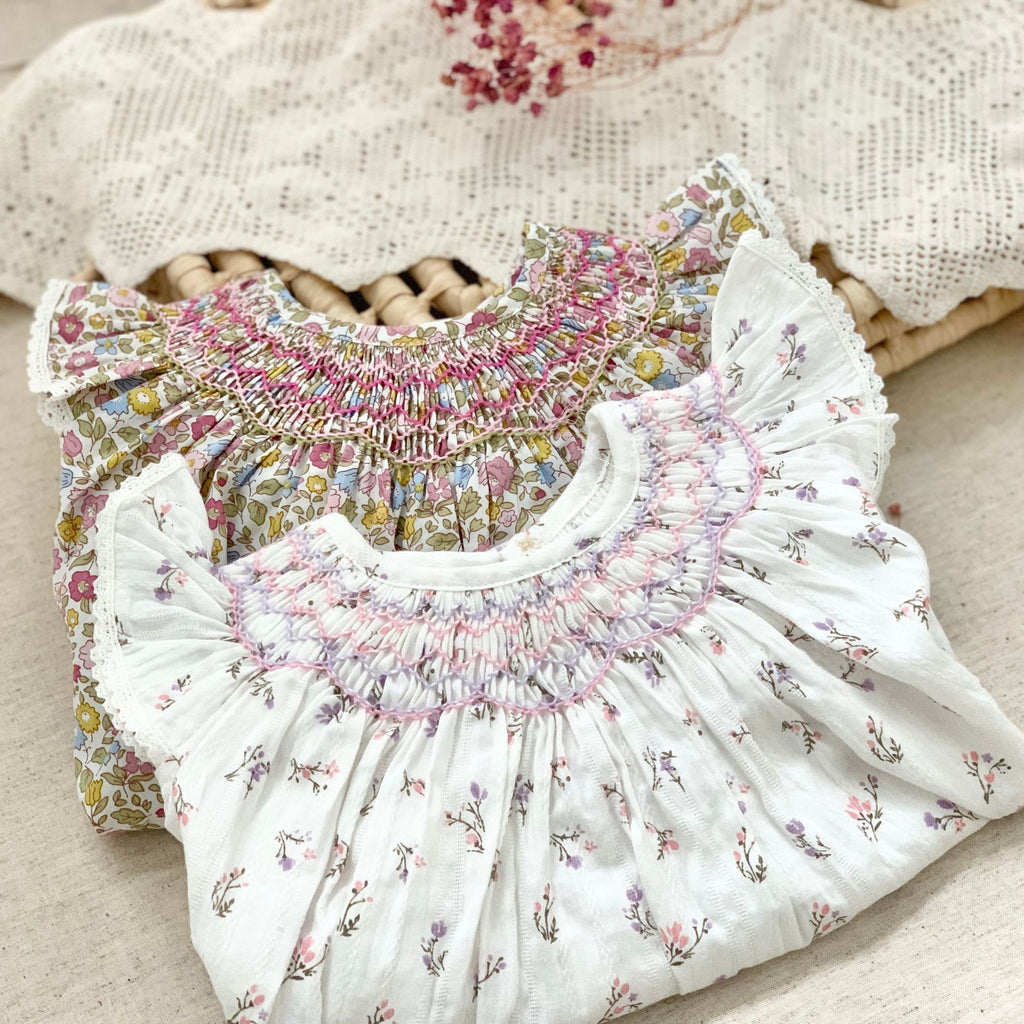 Printed Flounced Sleeve Handmade Smocking Skirt Children's Dress