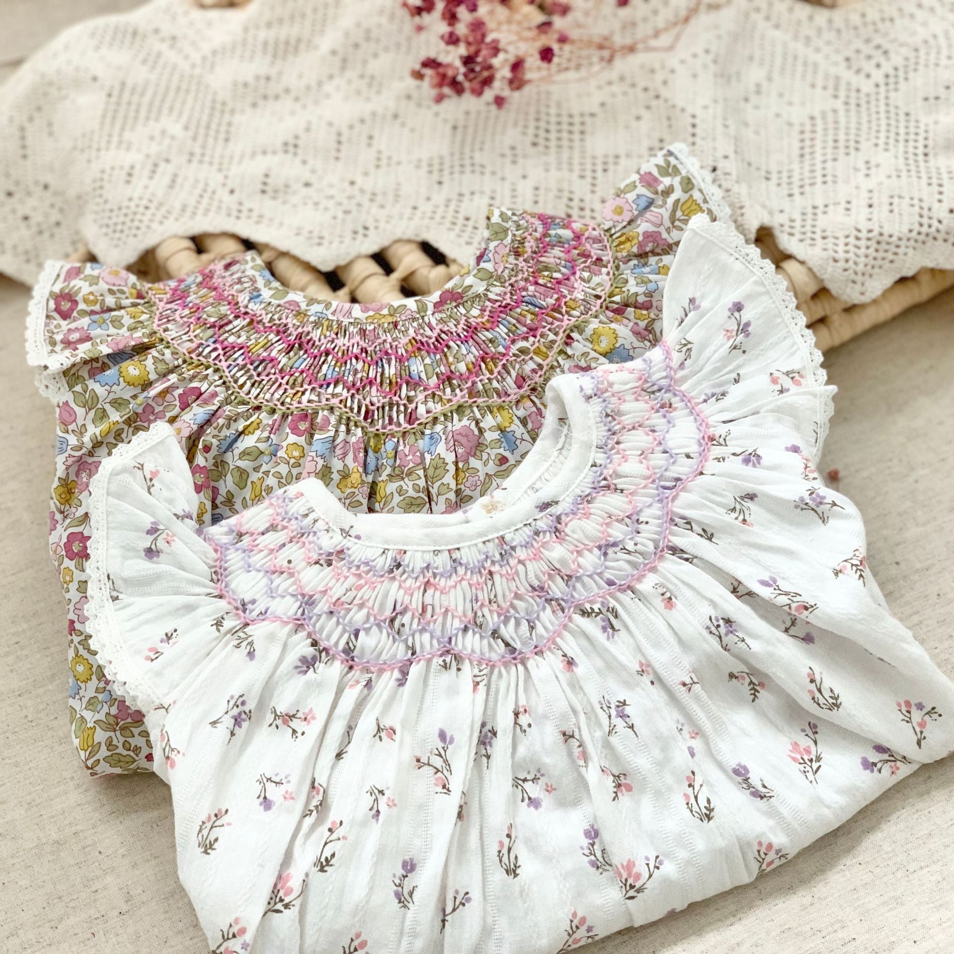 Printed Flounced Sleeve Handmade Smocking Skirt Children's Dress