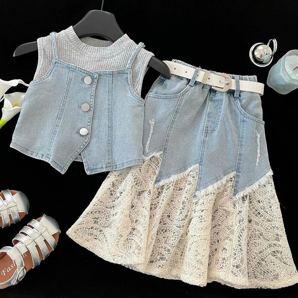 Denim Skirt Summer Fashionable Lace Stitching Camisole Three-piece Children's Suit