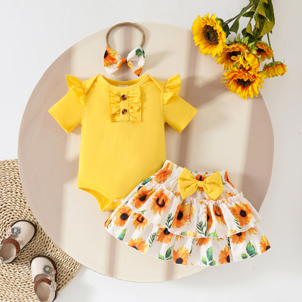 Floral Pattern Skirt Short Sleeve Top Double Layer Children's Suit