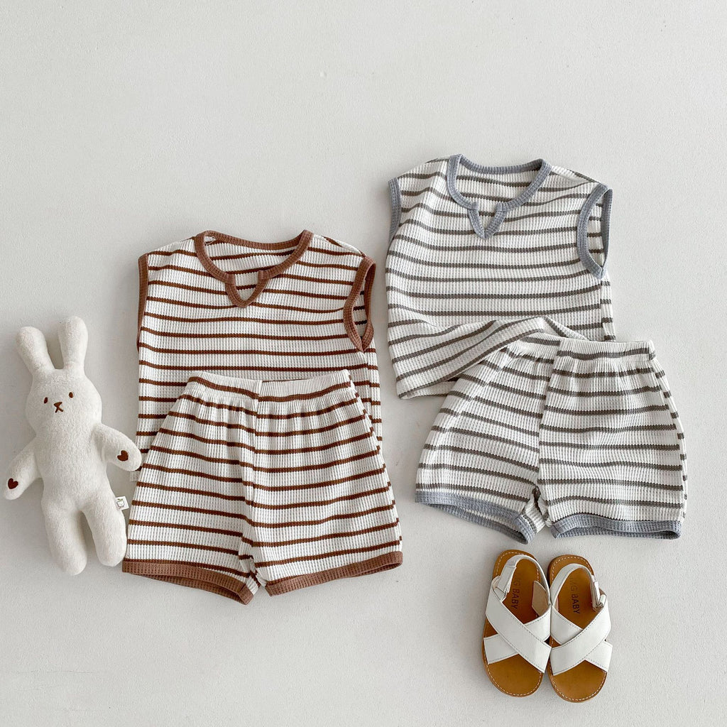 Korean Striped Contrast Color Retro Sleeveless T-shirt Shorts Home Children's Suit