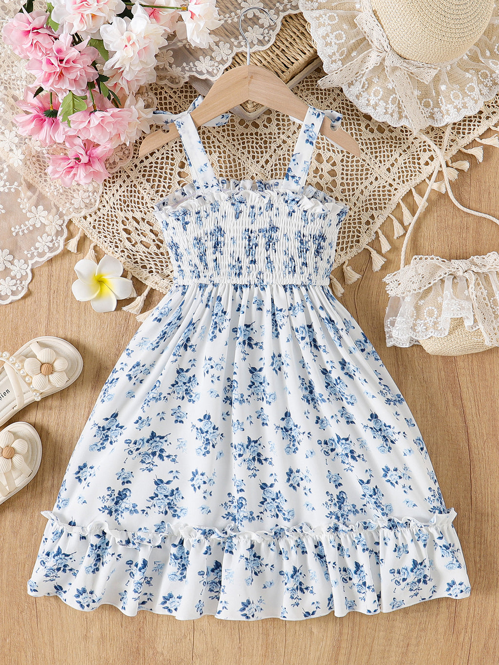Casual Flower Print Smocking Bow Ruffled Children's Dress
