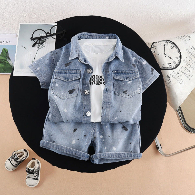 Children's Summer Western Style Denim Short Sleeve Three-piece Set Handsome Clothes Children's Suit