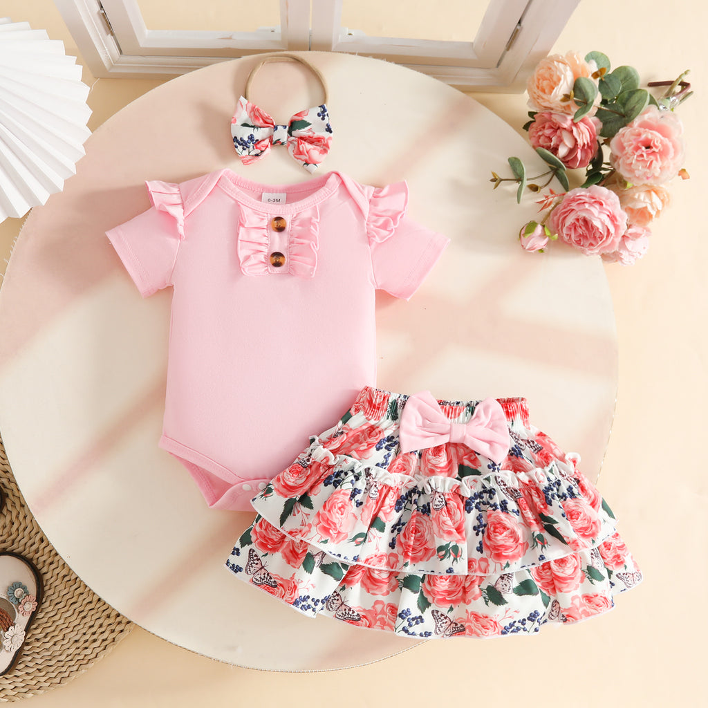 Floral Pattern Skirt Short Sleeve Top Double Layer Children's Suit
