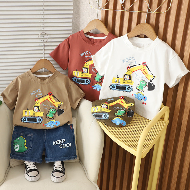 Children's Summer Short Sleeve Excavator Dinosaur T-shirt Clothing Handsome Korean Style Children's Suit