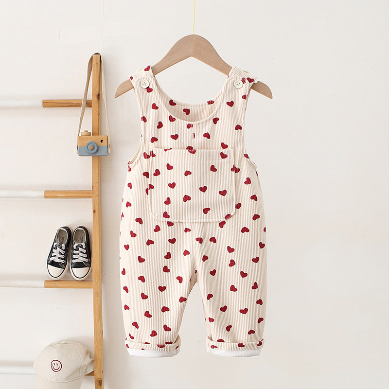Children's Korean Style Suspender Heart Printing Corduroy Children's Pants