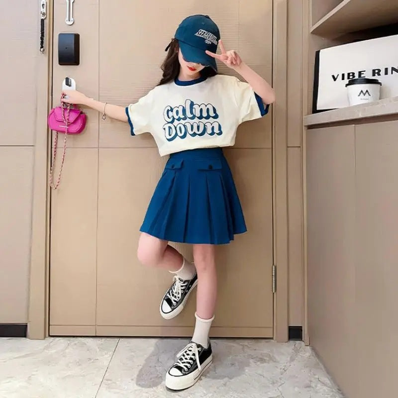 Outfit Skirt Style Teens Short Sleeve T-shirt Pleated Two-piece Children's Suit
