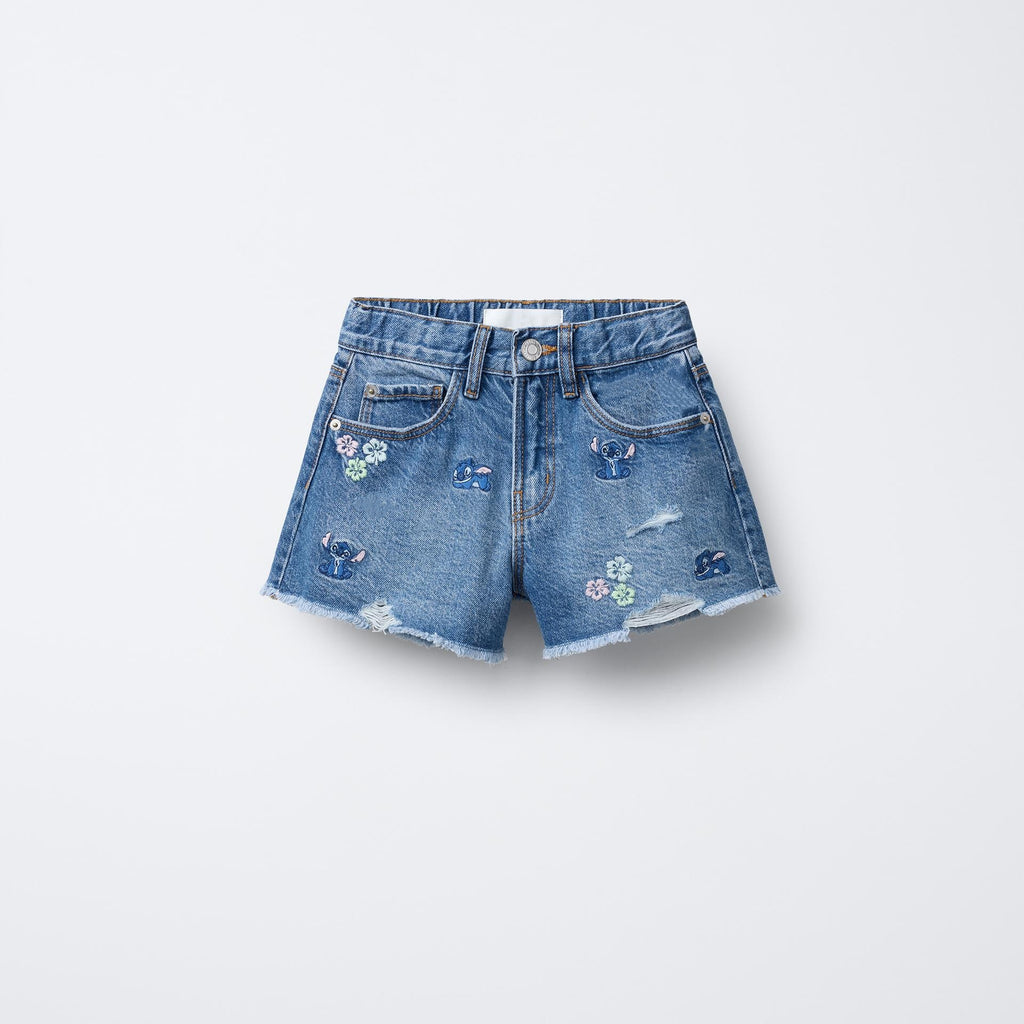 Embroidery Blue With Flowers Denim Shorts Children's Pants