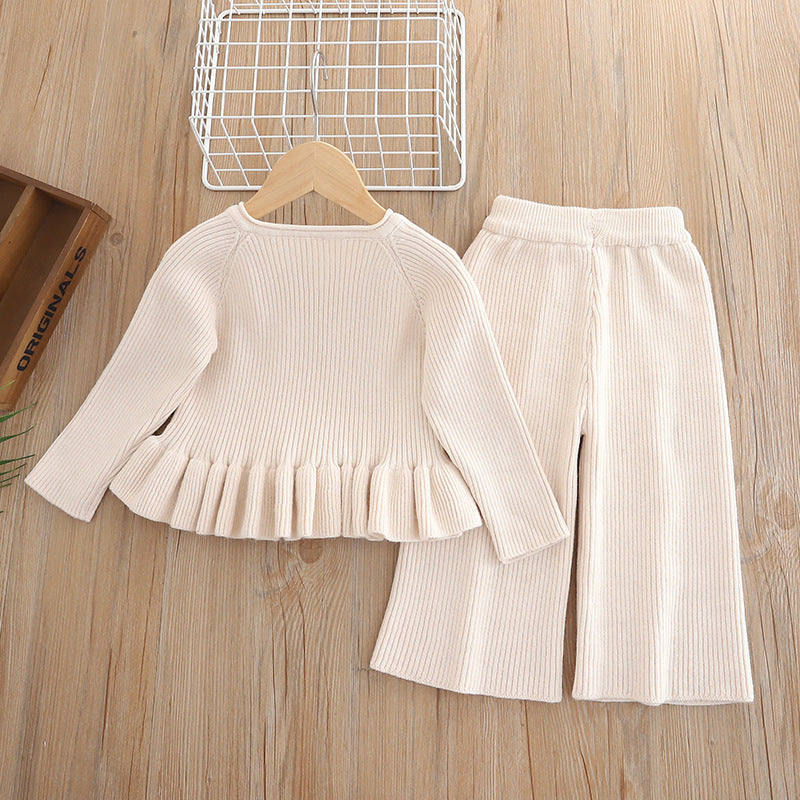 Children's Classic Style Knitted Cardigan Pants Two-piece Children's Suit