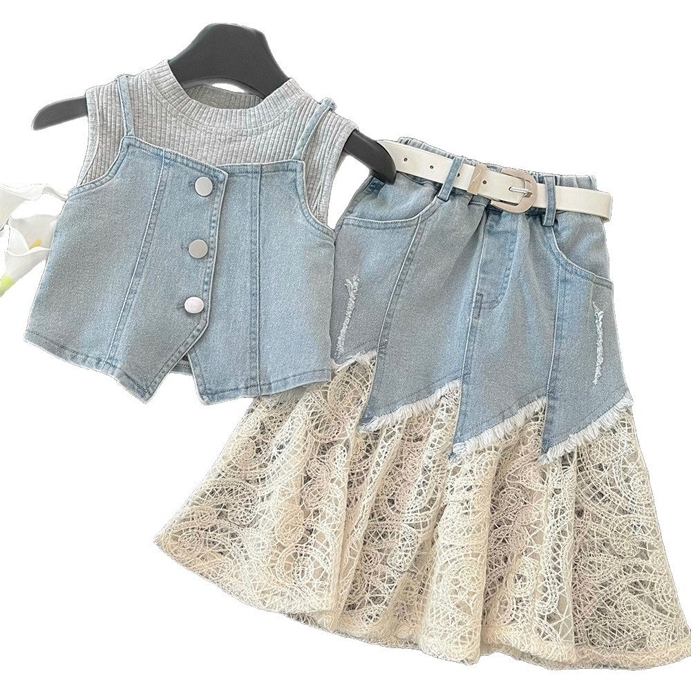Denim Skirt Summer Fashionable Lace Stitching Camisole Three-piece Children's Suit